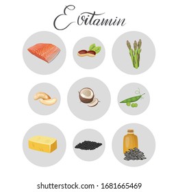 Set of products containing vitamin E. Natural organic products with a high content Vitamin E. Vector illustration.