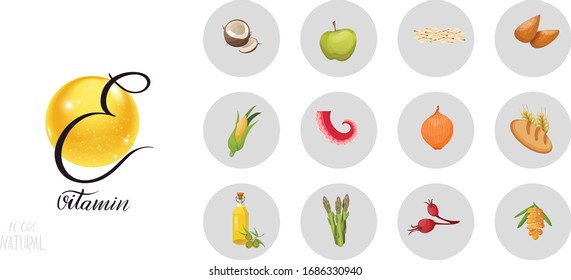 Conjunto de productos que contienen vitamina E. Productos naturales orgánicos con un alto contenido de vitamina E. Ilustración vectorial.