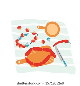 Set of products for cooking, pizza. Mushrooms, sausages, peppers lie on a napkin, next to a knife.