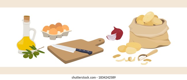 A set of products for cooking Spanish potato omelet - tortilla de patata. Olive oil, onions, potatoes, eggs. Vector illustration in flat style isolated on white background.