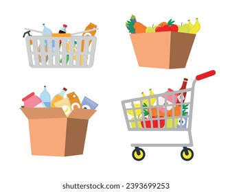 Set of products in different containers in a cartoon style. Vector illustration of various products: drinks, vegetables and fruits in cardboard boxes, grocery baskets and carts on wheels.