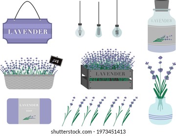 Set of products with flower lavender in flat style