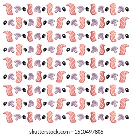 Set of products and food. Isolated on white background. Greens lettuce mushrooms olives egg bacon orange. Seamless background for holiday, party, menu. Vector illustration. Salad children's background