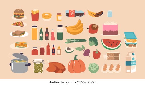 Set of Products and Foods Isolated Icons. Fresh and Spoiled Fruits, Vegetables and Burger. Pan with Soup, Eggs Tray