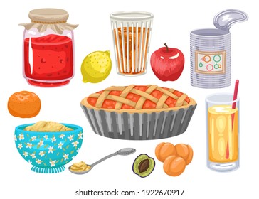 Set of products with fruits. Fruit jam in jar, juice and canned food. Fresh fruits. Fruit products, cooking and vitamins concept. Vector cartoon flat illustration