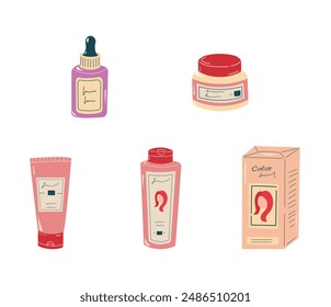 Set of products for hair care. Hair cosmetics. Mask, shampoo, color , cream, and bottle with inscription. Vector illustration in flat style. Isolated on white background.