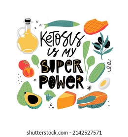 Set of products healthy food illustration. Keto diet and proper nutrition. Sticker with lettering. Ketosis is my superpower hand drawn typography