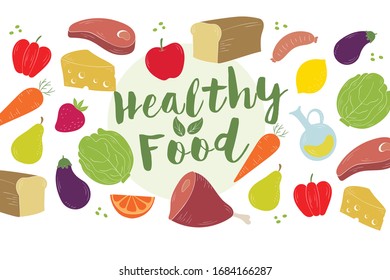 Set of products for healthy food. Vector illustration