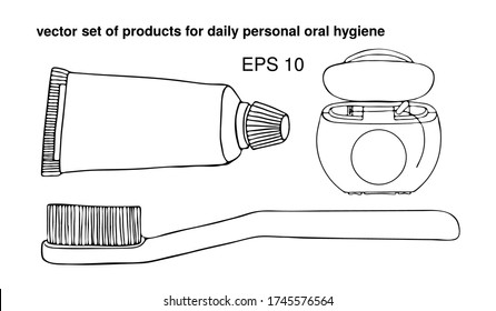 Set products items for daily personal oral hygiene. Small tube toothpaste, manual toothbrush, dental floss. Individual accessories for brushing teeth. Vector isolated template doodle realistic drawing