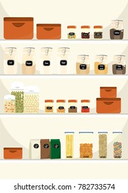 Set of products in jars on shelves. Flat style vector illustration.