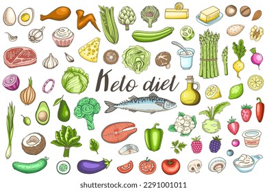 Set of products for the keto diet.  Low carb food for ketogenic diet. Hand drawn vector doodle illustrations.