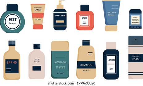 Set of products for men's face and body care. Male cosmetics. Tubes and bottles with inscription. Cream, gel, balm, lotion, foam. Vector illustration in flat style. Isolated on white background.