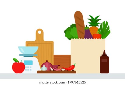 Set of products on the table and kitchen utensils vector illustration