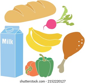 A set of products on a transparent background: radish, milk, bananas, bread, pepper, leg