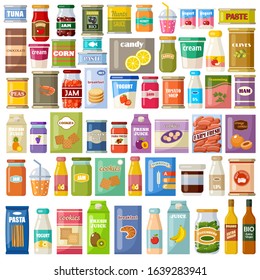 Set of products on a white background. Grocery. Gastronomy. Canned food, juice, jam, cookies. Vector flat illustration.