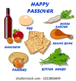 Set of products for passover seder plate. Bright colored hand drawn vector illustration can be used for invitations, cards, banners and other things