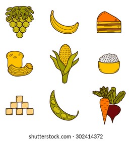 Set of products prohibited during paleo diet in hand drawn cartoon style: corn, cake, rice, carrot, bread, bean, sugar. Healthy food concept for your design