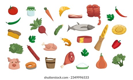 Set of products for proper natural nutrition. Dairy, meat and bakery products. Vegetables and fish. Flat vector illustration isolated on white background.