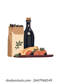 set of products for romantic dinner vector illustration