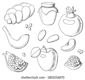 Set of products for the Rosh Hashana holiday. Pomegranate, honey, apple, dates, shofar. White background, isolator. Stock illustration.