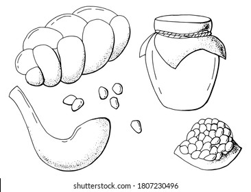 Set of products for the Rosh Hashanah holiday. Pomegranate, honey, shofar, challah. White background, insulator. Stock drawing.