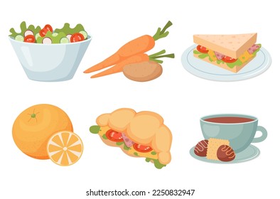 set of products sandwich croissant with ham cheese and tomatoes a cup of coffee with sweets orange vegetables and a bowl of salad