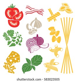 Set products. Seamless pattern. Pasta and vegetables. Ready-made ingredients. Parsley, basil, bacon, onion, garlic, cheese, pasta.