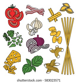 Set products. Seamless pattern. Pasta and vegetables. Ready-made ingredients. Parsley, basil, bacon, onion, garlic, cheese, pasta.