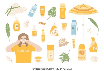 Set products with SPF. Collection with sunscreen, spray, umbrella, glasses and a woman smears her face with cream. Illustrations with objects protect the skin from ultraviolet radiation. Vector