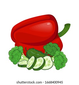 Set of products for vegans and vegetarians. Illustration of healthy food vector image. Brocoli, cucumber and bell pepper.