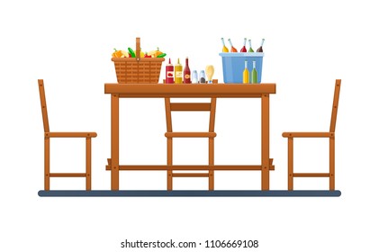 Set products and vegetables, in wicker basket, drinks and alcohol in plastic bucket, seasonings, spices. Wooden furniture for cooking and picnic eating. Outdoor picnic in park. Vector illustration.