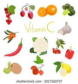 a set of products with vitamin C. proper nutrition. vegatarianism. raspberry currant orange sea buckthorn rosehip mountain ash kiwi red pepper broccoli