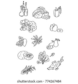Set of products with vitamin E. Ingredients for health: peppers, broccoli, olives, avocado,kiwi, corn, fish, nuts, egg, butter, salad. Healthy eating, diet sources of folic acid, vitamin E and mineral