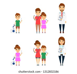 Set, profession doctor. Little girl and boy dream of becoming a doctor. Man and woman are professional doctors. In flat style on white background. Cartoon.