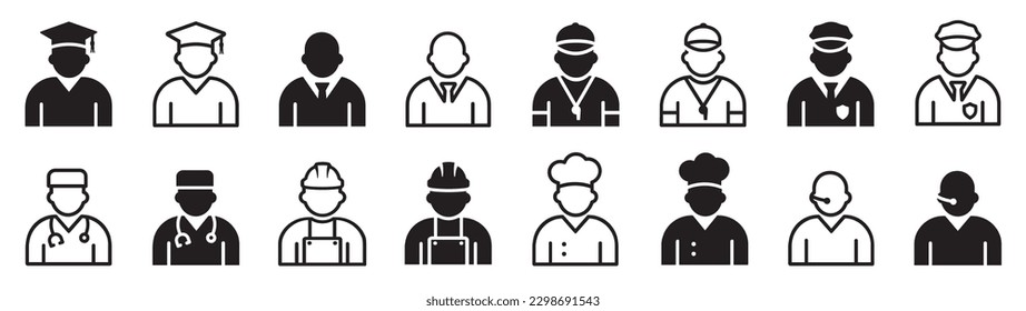 Set of profession icons. Doctor, cook, policeman, businessman, worker, mechanic, student, avatar, human characters symbols. Vector.