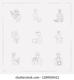 Set of profession icons line style symbols with coach, courier, discovery and other icons for your web mobile app logo design.
