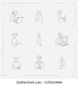 Set of profession icons line style symbols with housewife, secretary, discovery and other icons for your web mobile app logo design.