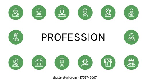 Set of profession icons. Such as Farmer, Nurse, Chef, Doctor, Driver, User, Firewoman, Policeman, Pilot , profession icons