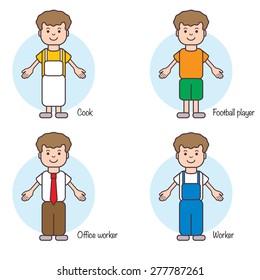 Set of  profession people, collection of icons, worker, manager, cook,  football player, male character, vector illustration