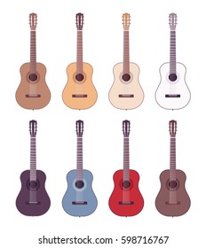 Set of professional acoustic guitars, musical string instrument, wooden with perfect sound for concert or party, harmony and hobby, isolated against white background, different colors