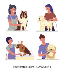 Set of professional barber grooming dog. Woman caring of pet fur - cutting and brushing fur, washing. Vector illustration in cartoon style