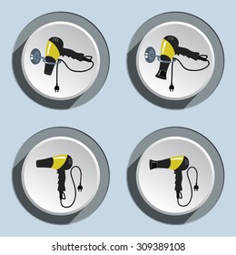 Set of professional blow hairdryer icons. Hair-drier with two-pin plug. Blow dryer on stand, with / without head. Black, yellow colored signs on white-grey 3d button. Round circles symbols. Vector