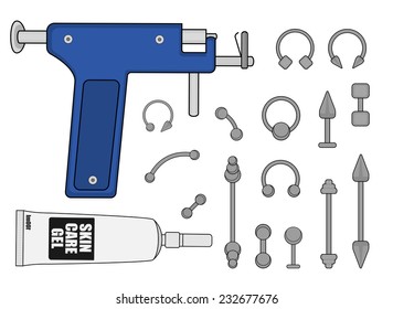 Set of professional body piercing instruments: piercing gun, skin care cream, piercings collection. Color clip art illustration isolated on white 