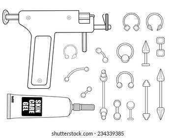 Set of professional body piercing instruments: piercing gun, skin care cream, piercings collection. Contour lines vector illustration isolated on white 