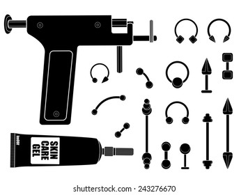 Set Of Professional Body Piercing Instruments: Piercing Gun, Skin Care Cream, Piercings Collection. Black And White Vector Clip Art Illustration Isolated On White 