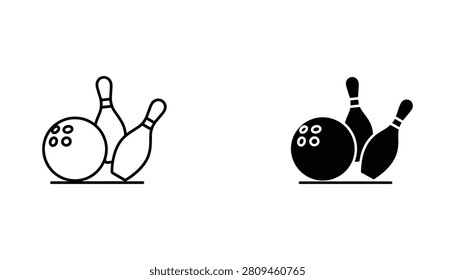 A set of professional bowling icons featuring a ball and pins in linear and solid styles, designed for sports gaming UI, tournament branding, or leisure center graphics.