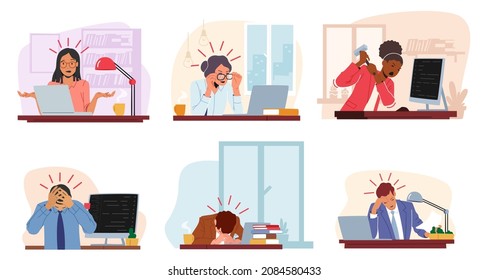 Set Professional Burnout Syndrome. Exhausted Managers Characters at Work Sitting at Table with Head Down. Business Concept of Overload, Stress and Tiredness. Cartoon People Vector Illustration