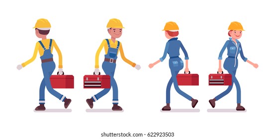 Set of professional busy industrial service worker in walking pose, wearing yellow protective hardhat, blue suit, holding red toolbox, full length, front, rear view, isolated, white background