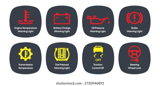 Conjunto de iconos de luz de advertencia del tablero de instrumentos del coche de Profesional con indicadores de seguridad automotriz rojos y amarillos - Vector de alta calidad Imagen de stock