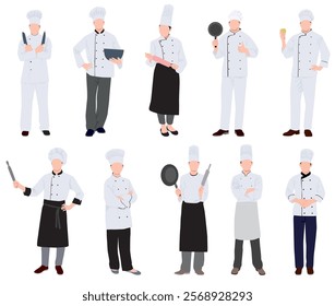 Set of professional chefs. Professional male and female chef and wearing chef uniform. Vector illustration on isolated white background.